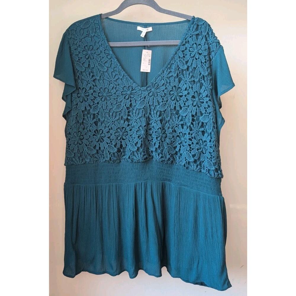 Maurices Empire Waist Crochet Top Plus Size 3X Gauzy Tunic NWT Green